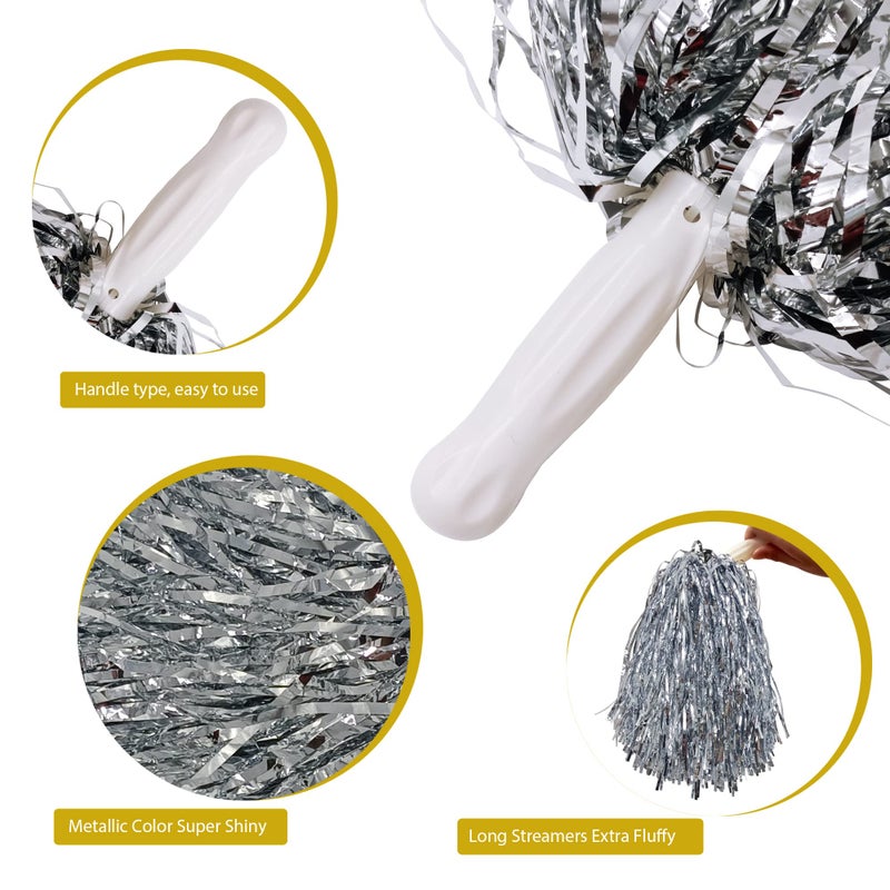 PPXMEEUDC 16PCS Cheerleading Pom Poms Metallic Foil Plastic Pom Poms with Baton Handle for Game Sports Squads Dancing Party Football Basketball Club Spirit Sports Stage Performance Celebration (Silver) - Image 3